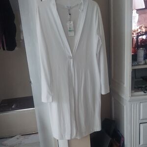 Calvin Klein Open Front One Button White Long Sleeve Cotton Cover-up Cardigan L
